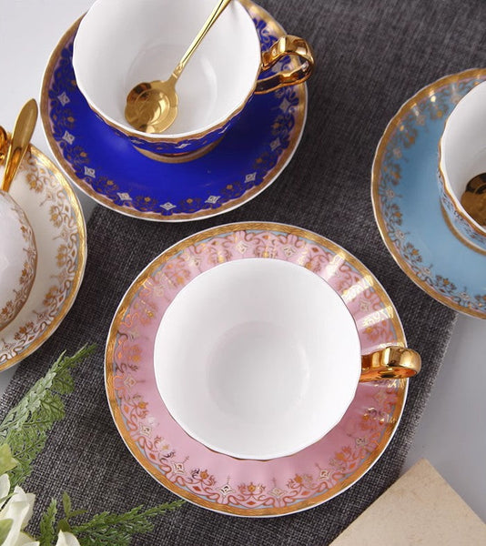 Pink Blue White Bone China Porcelain Tea Cup Set, Unique British Tea Cup and Saucer in Gift Box, Elegant British Ceramic Coffee Cups for Afternoon Tea-Grace Painting Crafts