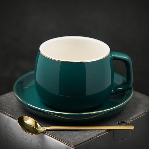 Ceramic Cup, Round Coffee Cup and Saucer Set, Green Coffee Cup, Back Coffee Mug, White Coffee Cups, Tea Cup-Grace Painting Crafts