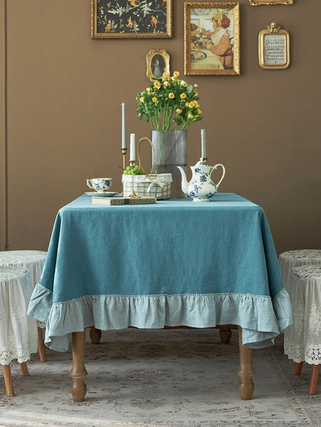 Extra Large Rectangle Tablecloth for Dining Room Table, Blue Modern Long Table Cover, Ramie Tablecloth for Home Decoration, Square Tablecloth for Round Table-Grace Painting Crafts