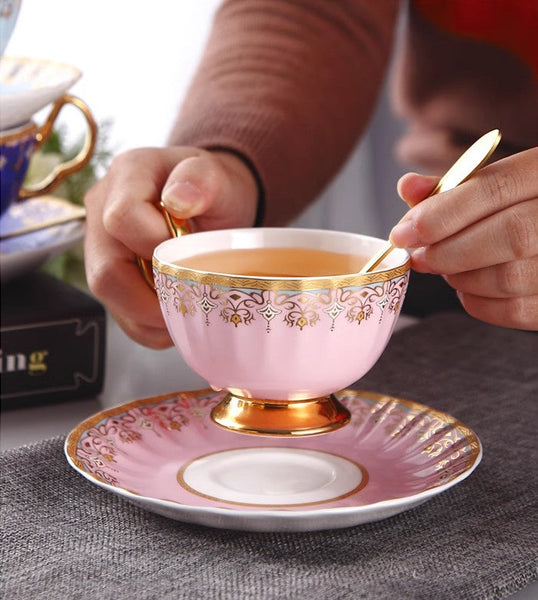 Pink Blue White Bone China Porcelain Tea Cup Set, Unique British Tea Cup and Saucer in Gift Box, Elegant British Ceramic Coffee Cups for Afternoon Tea-Grace Painting Crafts