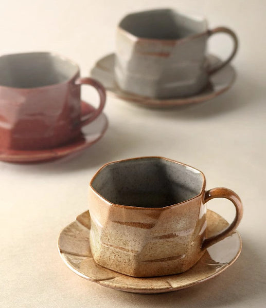 Modern Handmade Pottery Coffee Cup, Creative Ceramic Coffee Cup with Saucer, Unique Tea Cup and Saucer, Tea Cup Set for Afternoon Tea-Grace Painting Crafts