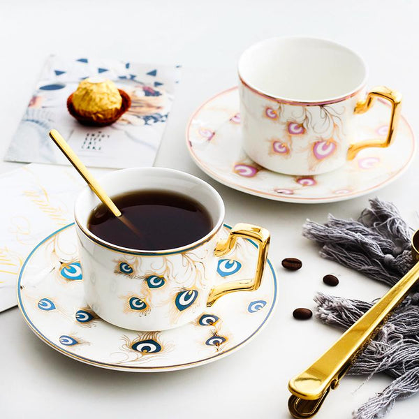 Peacock Tail Pattern Porcelain Coffee Cups, British Tea Cups, Coffee Cups with Gold Trim and Gift Box, Tea Cup and Saucer-Grace Painting Crafts