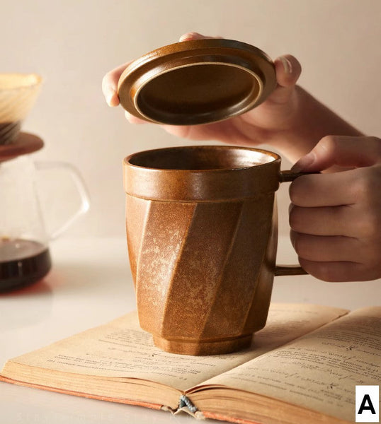 Large Modern Handmade Pottery Coffee Cup, Creative Brown Green Blue Black Ceramic Coffee Mugs, Large Unique Tea Cup, Large Capacity Coffee Mug with Cover-Grace Painting Crafts