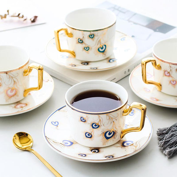 Peacock Tail Pattern Porcelain Coffee Cups, British Tea Cups, Coffee Cups with Gold Trim and Gift Box, Tea Cup and Saucer-Grace Painting Crafts