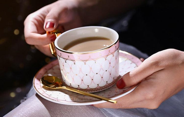 British Tea Cups, Elegant Porcelain Coffee Cups, Latte Coffee Cups with Gold Trim and Gift Box, Tea Cups and Saucers-Grace Painting Crafts