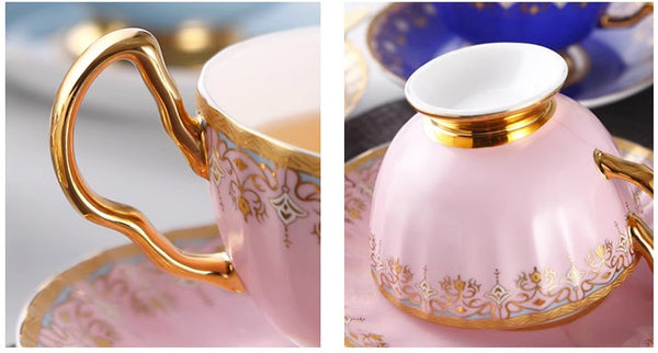 Pink Blue White Bone China Porcelain Tea Cup Set, Unique British Tea Cup and Saucer in Gift Box, Elegant British Ceramic Coffee Cups for Afternoon Tea-Grace Painting Crafts