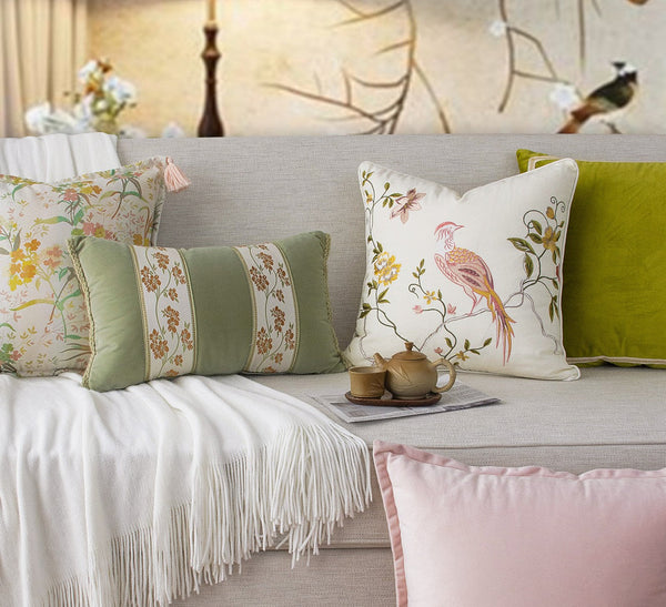 Living Room Decorative Pillows, Modern Decorative Cushions, Decorative Pillows for Bed, Decorative Pillow Arrangement Ideas for Interior Design, Embroidered Floral Bird Pattern Pillow Covers-Grace Painting Crafts