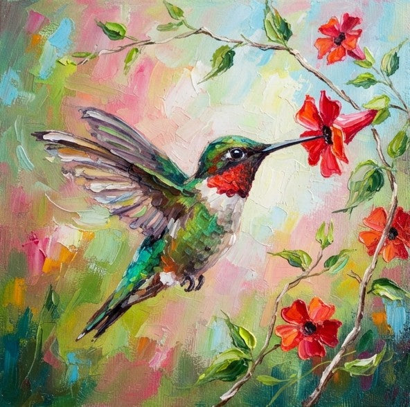 Humming Bird Painting, Hand Painted Canvas Art, Heavy Texture Painting, Small Art on Canvas, Miniature Wall Art, Original Oil Paintings-Grace Painting Crafts