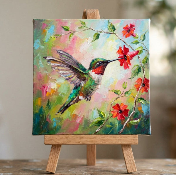Humming Bird Painting, Hand Painted Canvas Art, Heavy Texture Painting, Small Art on Canvas, Miniature Wall Art, Original Oil Paintings-Grace Painting Crafts