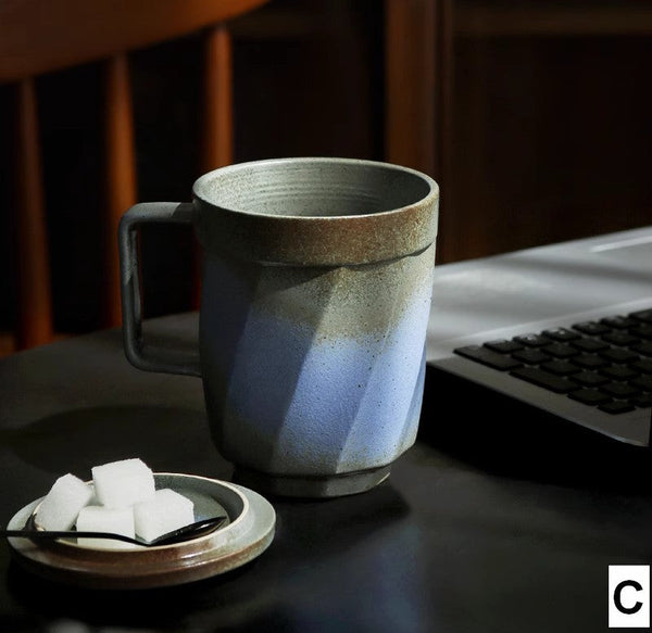 Creative Brown Green Blue Black Ceramic Coffee Mugs, Large Modern Handmade Pottery Coffee Cup, Large Unique Tea Cup, Large Capacity Coffee Mug with Cover-Grace Painting Crafts