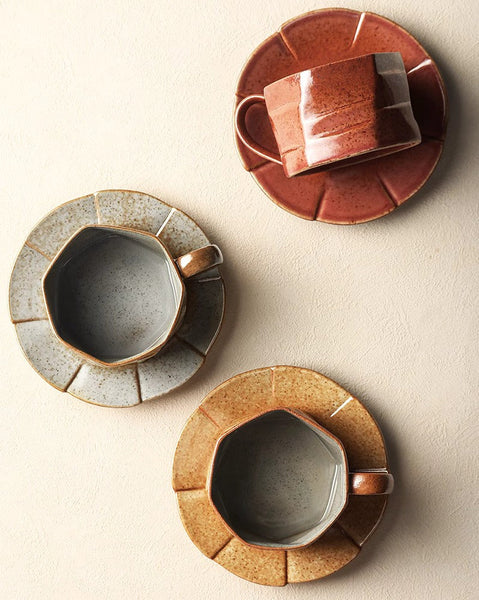 Modern Handmade Pottery Coffee Cup, Creative Ceramic Coffee Cup with Saucer, Unique Tea Cup and Saucer, Tea Cup Set for Afternoon Tea-Grace Painting Crafts