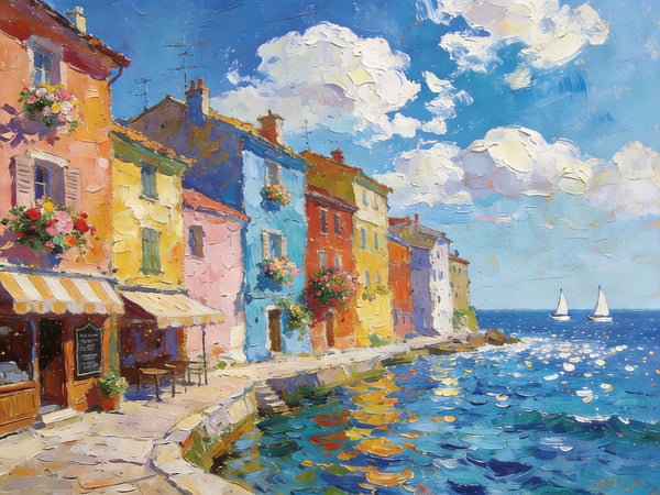 Canvas Paintings for Living Room, Coatal Town Beauty Spot, Hand Painted Canvas Art, BuyOil Paintings Online, Small Wall Art Paintings, Original Landscape Paintings-Grace Painting Crafts