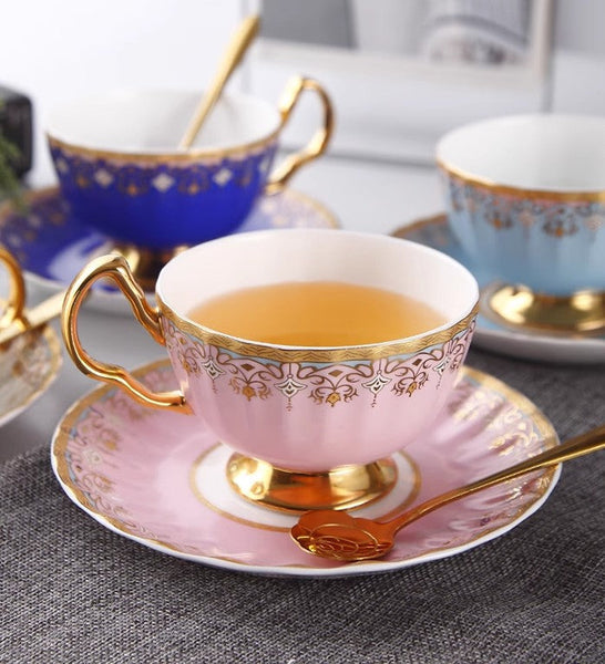 Unique British Tea Cup and Saucer in Gift Box, Pink Blue White Porcelain Tea Cup Saucer Set, Elegant British Ceramic Coffee Cups for Traditional Afternoon Tea-Grace Painting Crafts