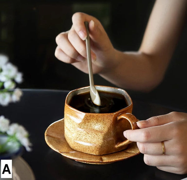 Modern Handmade Pottery Coffee Cup, Creative Ceramic Coffee Cup with Saucer, Unique Tea Cup and Saucer, Tea Cup Set for Afternoon Tea-Grace Painting Crafts