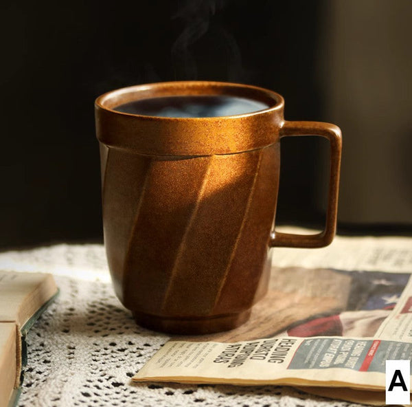 Unique Tea Cup, Large Capacity Coffee Mug with Cover, Large Modern Handmade Pottery Coffee Cup, Creative Brown Green Blue Black Ceramic Coffee Mugs-Grace Painting Crafts