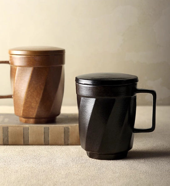 Large Modern Handmade Pottery Coffee Cup, Creative Brown Green Blue Black Ceramic Coffee Mugs, Large Unique Tea Cup, Large Capacity Coffee Mug with Cover-Grace Painting Crafts