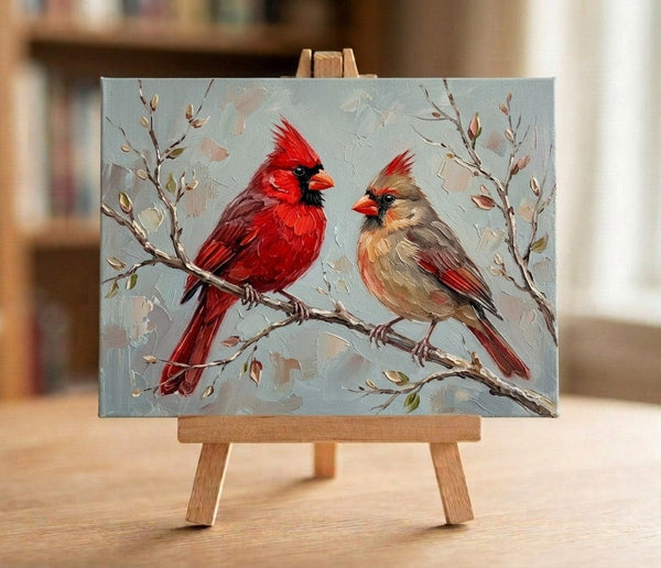 Original Small Paintings, Northern Cardinal Birds Painting, Love Bird Couple Painting, Hand Painted Canvas Art, Small Canvas Paintings, Original Oil Paintings on Canvas-Grace Painting Crafts