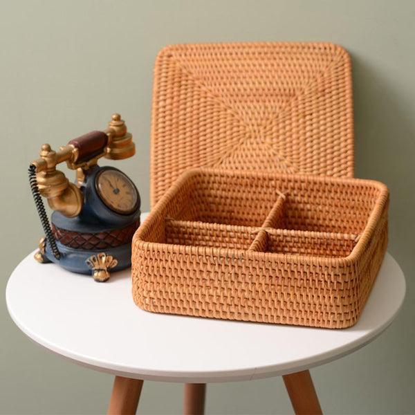 Storage Basket with Lid, Rattan Square Basket, Storage Basket with Lid, Kitchen Storage Baskets-Grace Painting Crafts