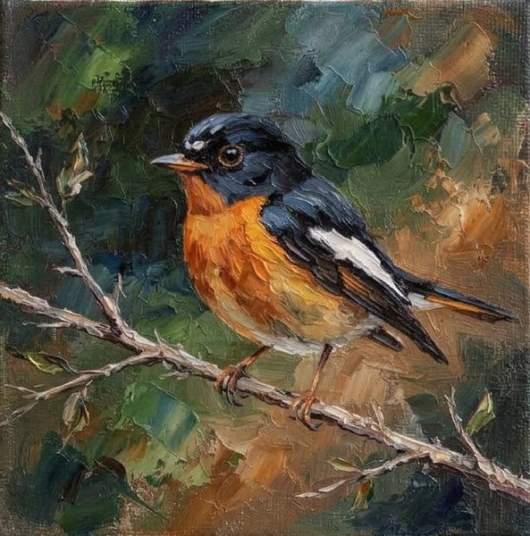 Orange Black Flycatcher Bird Painting, Bird Art on Canvas, Miniature Wall Art, Hand Painted Canvas Art, Original Small Paintings, Heavy Texture Painting-Grace Painting Crafts