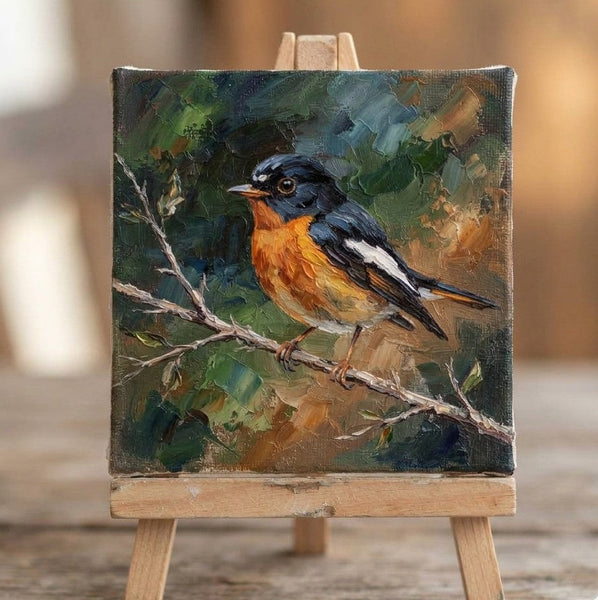 Orange Black Flycatcher Bird Painting, Bird Art on Canvas, Miniature Wall Art, Hand Painted Canvas Art, Original Small Paintings, Heavy Texture Painting-Grace Painting Crafts