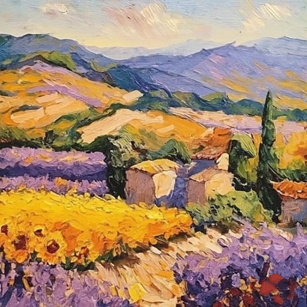 Original Small Landscape Paintings, Simple Small Canvas Paintings, Provence Lavender and Sunflower Field Cypress Tree Painting, Heavy Texture Canvas Art, Easy Landscape Painting Ideas-Grace Painting Crafts