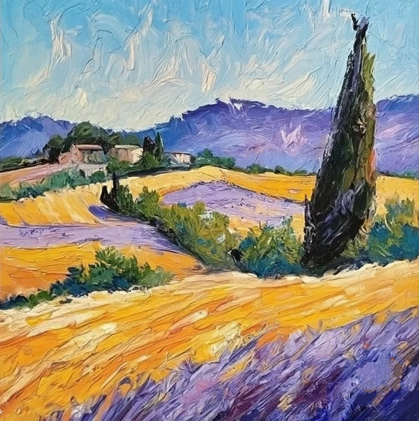 Original Small Landscape Paintings, Heavy Texture Acrylic Artwork, Easy Landscape Painting Ideas, Provence Lavender Field Cypress Tree Painting, Simple Small Canvas Paintings-Grace Painting Crafts