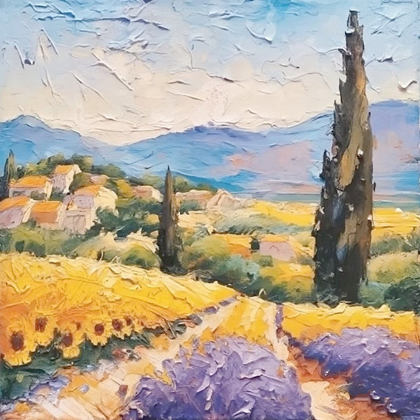 Original Small Landscape Paintings, Simple Small Canvas Paintings, Provence Lavender and Sunflower Field Cypress Tree Painting, Heavy Texture Canvas Art, Easy Landscape Painting Ideas-Grace Painting Crafts