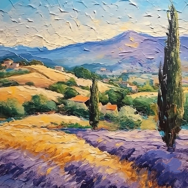 Original Small Landscape Paintings, Provence Lavender Field Cypress Tree Painting, Simple Small Canvas Paintings, Heavy Texture Acrylic Artwork, Easy Landscape Painting Ideas-Grace Painting Crafts