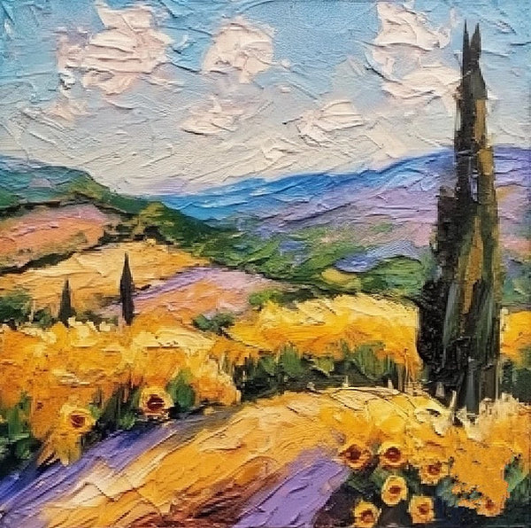 Heavy Texture Acrylic Artwork, Easy Landscape Painting Ideas, Original Small Landscape Paintings, Provence Sunflower Field Cypress Tree Painting, Simple Small Canvas Paintings-Grace Painting Crafts
