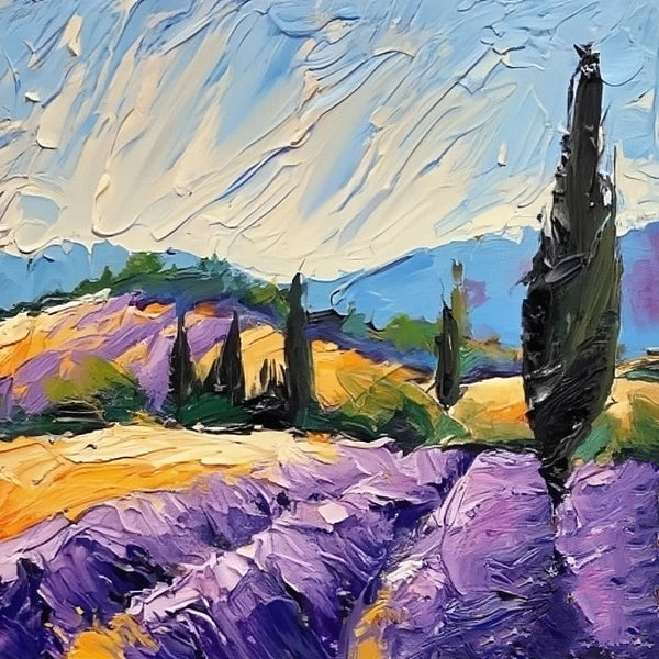 Original Small Landscape Paintings, Provence Lavender Field Cypress Tree Painting, Simple Small Canvas Paintings, Heavy Texture Acrylic Artwork, Easy Landscape Painting Ideas-Grace Painting Crafts