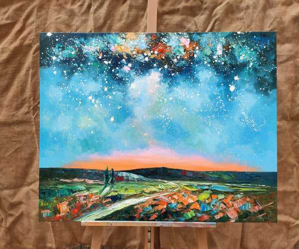 Landscape Painting on Canvas, Starry Night Sky Painting, Original Landscape Painting, Custom Canvas Painting for Dining Room-Grace Painting Crafts