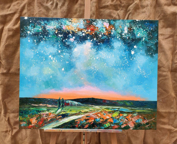 Landscape Painting on Canvas, Starry Night Sky Painting, Original Landscape Painting, Custom Canvas Painting for Dining Room-Grace Painting Crafts
