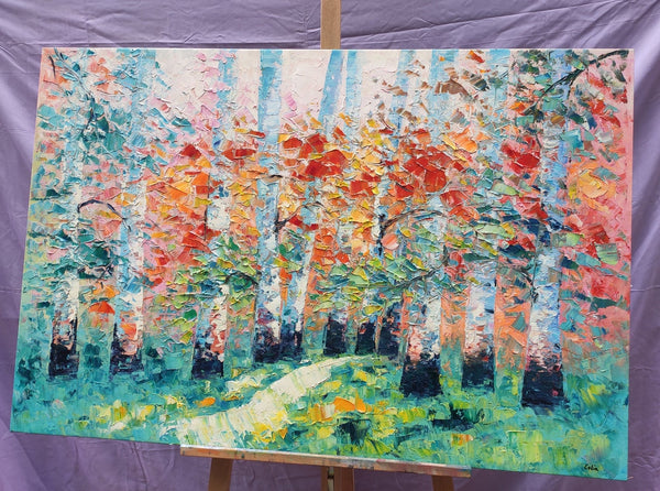 Custom Canvas Painting, Abstract Landscape Painting, Autumn Birch Tree, Canvas Painting-Grace Painting Crafts