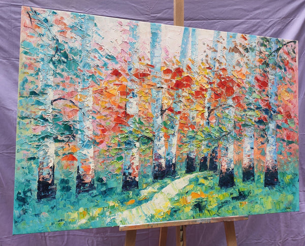 Custom Canvas Painting, Abstract Landscape Painting, Autumn Birch Tree, Canvas Painting-Grace Painting Crafts