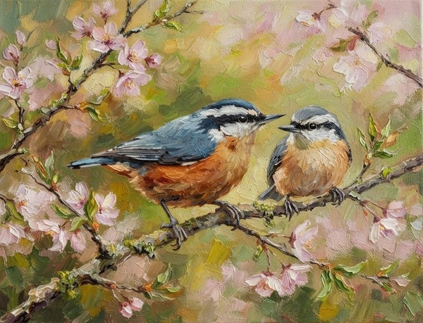 Hand Painted Canvas Art, Red-breasted Nuthatch Birds Painting, Original Oil Paintings, Love Bird Couple Painting, Small Canvas Paintings, Original Oil Paintings on Canvas-Grace Painting Crafts