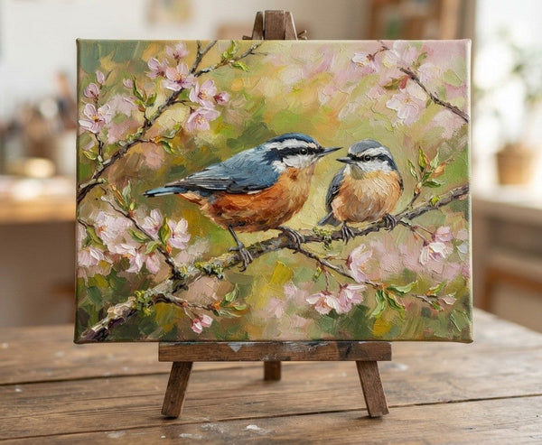 Hand Painted Canvas Art, Red-breasted Nuthatch Birds Painting, Original Oil Paintings, Love Bird Couple Painting, Small Canvas Paintings, Original Oil Paintings on Canvas-Grace Painting Crafts