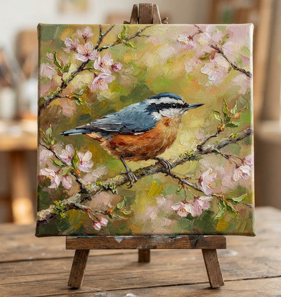 Small Art on Canvas, Red-breasted Nuthatch Bird Painting, Miniature Wall Art, Original Painting on Canvas, Hand Painted Canvas Art-Grace Painting Crafts