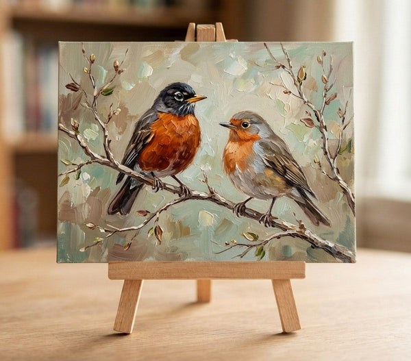 Hand Painted Canvas Art, Robin Birds Painting, Original Oil Paintings, Love Bird Couple Painting, Small Canvas Artwork, Original Oil Paintings-Grace Painting Crafts