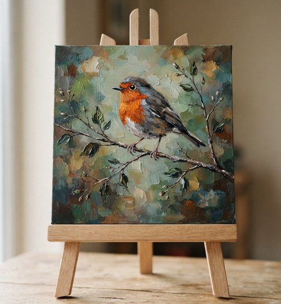 Small Art on Canvas, Hand Painted Canvas Art, Robin Bird Painting, Original Oil Paintings, Heavy Texture Painting, Miniature Wall Art-Grace Painting Crafts