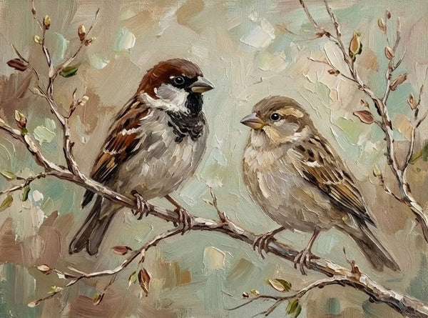 Sparrow Birds Painting, Hand Painted Canvas Art, Original Oil Paintings, Love Bird Couple Painting, Small Canvas Paintings, Original Oil Paintings on Canvas-Grace Painting Crafts