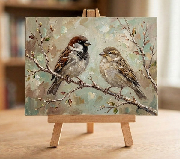 Sparrow Birds Painting, Hand Painted Canvas Art, Original Oil Paintings, Love Bird Couple Painting, Small Canvas Paintings, Original Oil Paintings on Canvas-Grace Painting Crafts