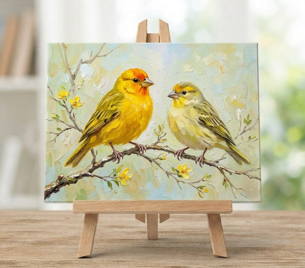 Saffron Finch Birds Painting, Hand Painted Canvas Art, Original Oil Paintings, Love Bird Couple Painting, Small Canvas Artwork, Original Oil Paintings-Grace Painting Crafts