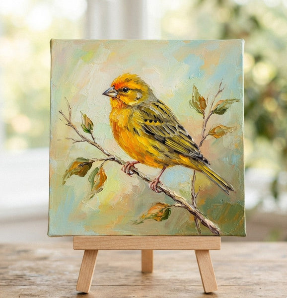Saffron Finch Bird Painting, Hand Painted Canvas Art, Small Art on Canvas, Original Oil Paintings, Heavy Texture Painting, Miniature Wall Art-Grace Painting Crafts