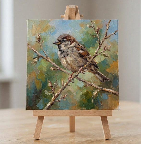 Hand Painted Canvas Art, Sparrow Bird Painting, Heavy Texture Painting, Bird Art on Canvas, Miniature Wall Art, Original Small Paintings-Grace Painting Crafts