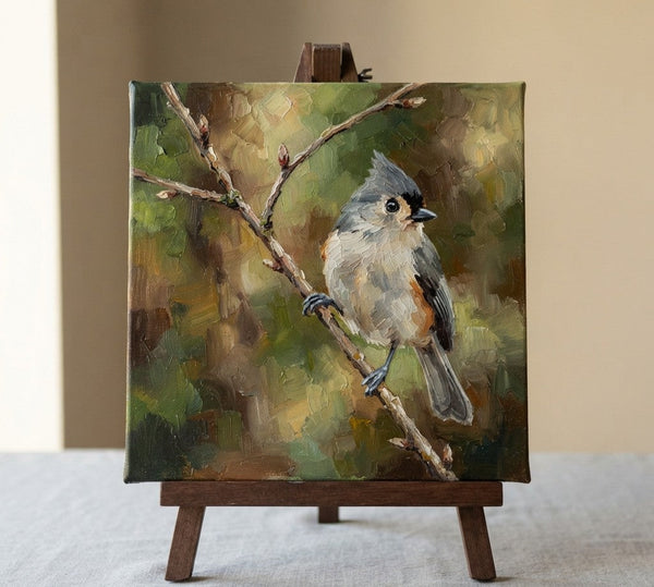 Hand Painted Canvas Art, Tufted Titmouse Bird Painting, Heavy Texture Painting, Small Art on Canvas, Miniature Wall Art, Original Oil Paintings-Grace Painting Crafts