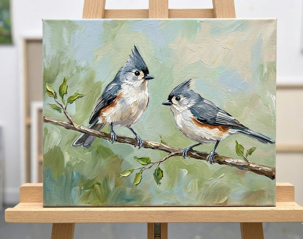 Tufted Titmouse Birds Painting, Love Bird Couple Painting, Hand Painted Canvas Art, Original Oil Paintings, Small Canvas Paintings, Original Oil Paintings on Canvas-Grace Painting Crafts