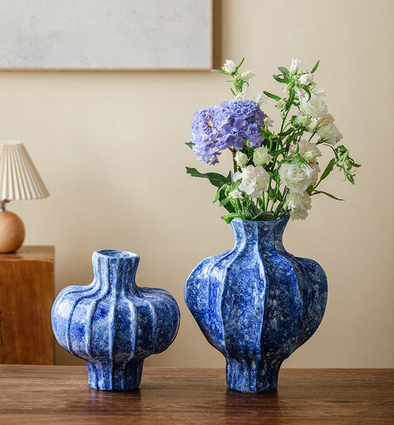 Modern Pottery Flower Vases, Handmade Water Holding Flower Vases, Centerpiece on Dining Table, Blue Ceramic Bud Vases, Tall Flower Vases on Table-Grace Painting Crafts
