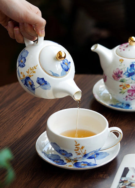 Porcelain Teapot with Matching Cup and Saucer in Gift Box, Ceramic Tea Pot with Integrated Cup, Stackable Teapot and Cup Set, Mother-and-Baby Teapot with Matching Saucer-Grace Painting Crafts