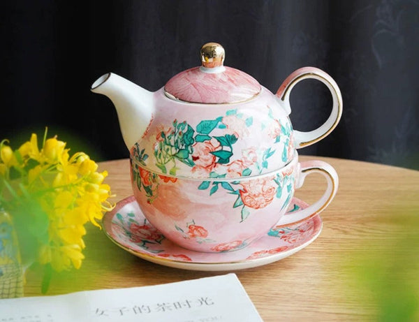 Mother-and-Baby Teapot with Matching Saucer, Vintage Style Stackable Tea Pot Set, Ceramic Tea Pot with Integrated Cup, English Style Tea Pot and Cup Set-Grace Painting Crafts