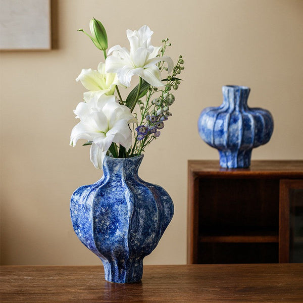 Modern Pottery Flower Vases, Handmade Water Holding Flower Vases, Centerpiece on Dining Table, Blue Ceramic Bud Vases, Tall Flower Vases on Table-Grace Painting Crafts